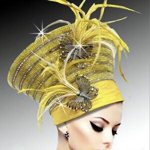 Beloved Millinery Exquisite Yellow Couture Feathers Jewels Regal Hat Church NWT
